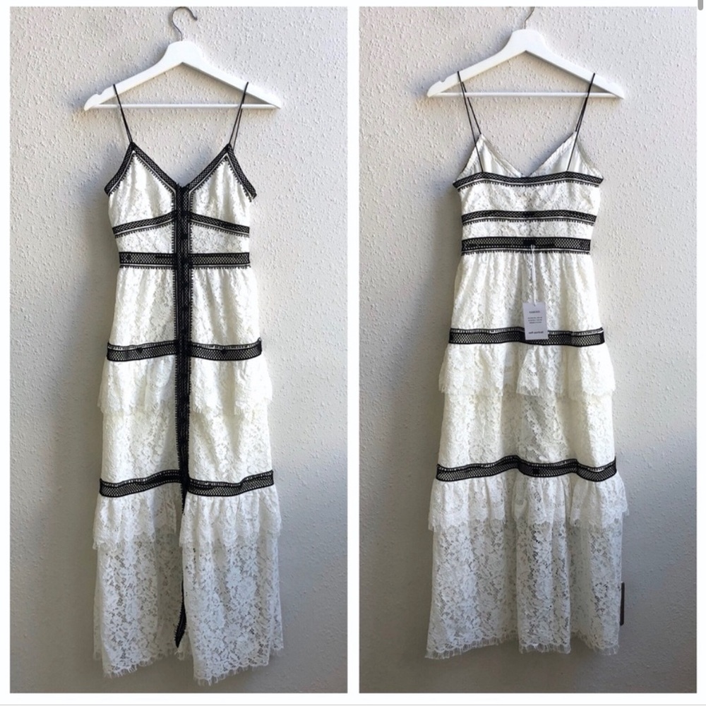 Self Portrait tiered guipure lace trim white black dress NWT UK 14 US10 - Picture 2 of 12